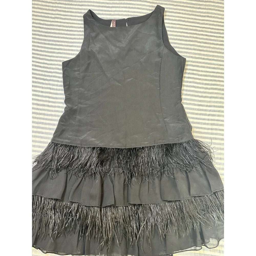 Ruby & Bloom Girls Black Sleeveless Dress Genuine Ostrich Feather‎ Hem Size 7